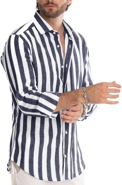                  High Quality Slim Striped Shirt Long Sleeve Large Size Color Plus Size Summer Cotton Linen Men′s Shirt             