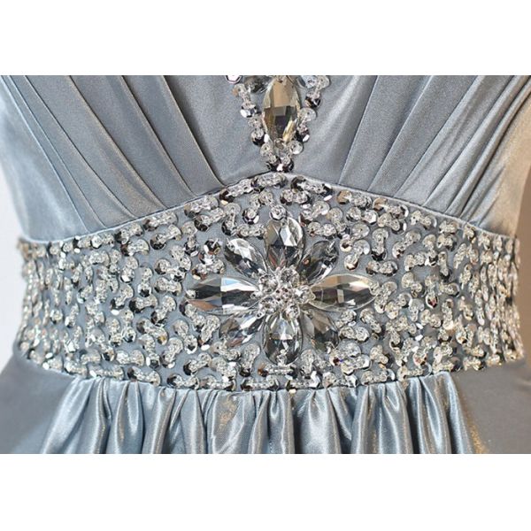 Back Bandage Grey A Line Dress / V Neck Long Silver Beaded Prom Dress Sleeveless