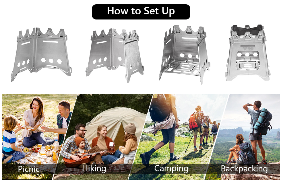 Picnic BBQ Cooker Portable Folding Stainless Steel Backpacking Stove Wood Burning Camp Stoves