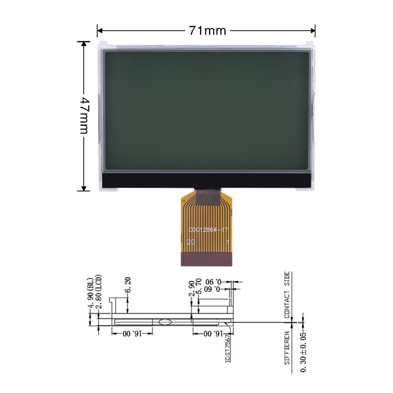 COG12864-17 Gray Film STN Material 65.5X38Mm 20 PIN I2C/SPI FFC Connection ST7567