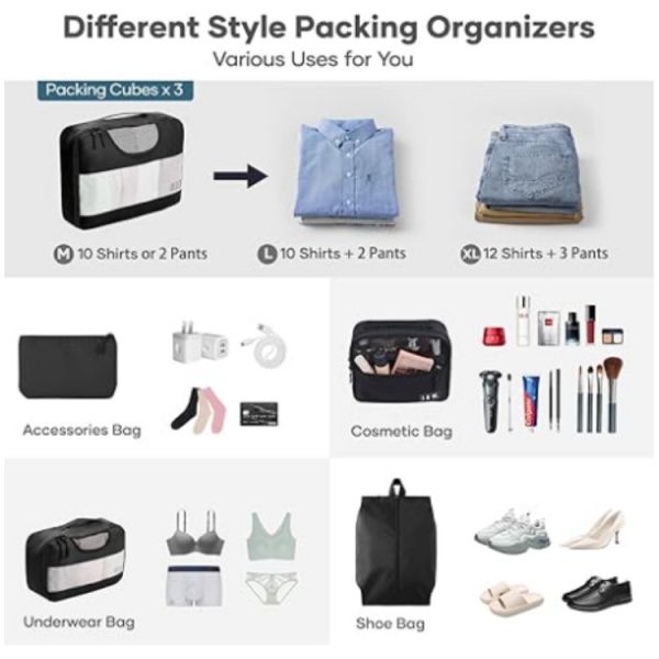 Custom Logo Accepted Unisex Travel Bags 8 Set Packing Cubes with Laundry Bag and Storage