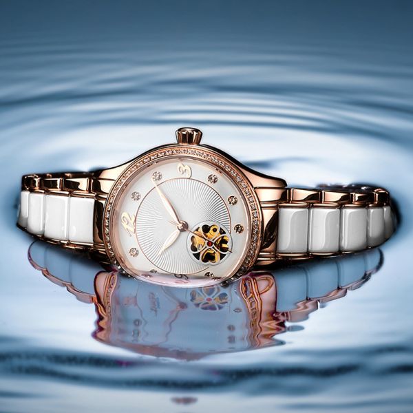 Ladies Manual Wind Up Watches Mechanical Fashion Skeleton Steel Ceramic Watch