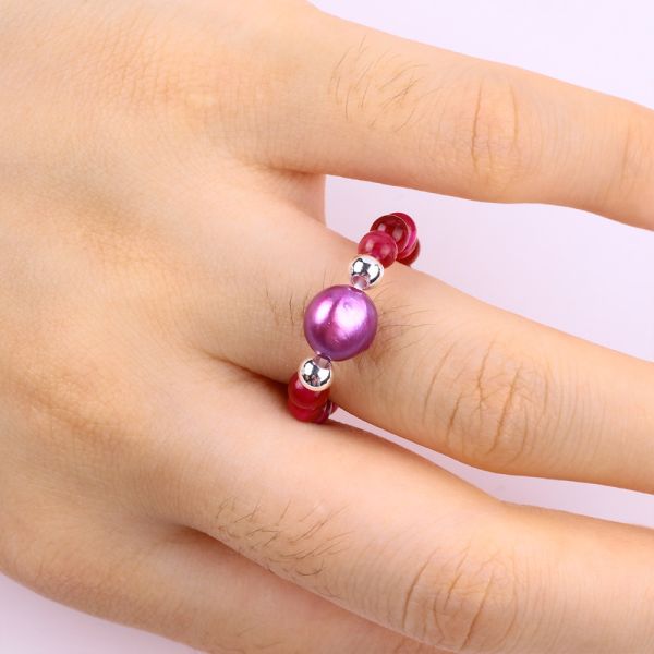 4mm Handmade Gemstone Beaded Ring Adjustable Elastic Rose Red Tiger's Eye Stone Ring For Party Daily Wearing