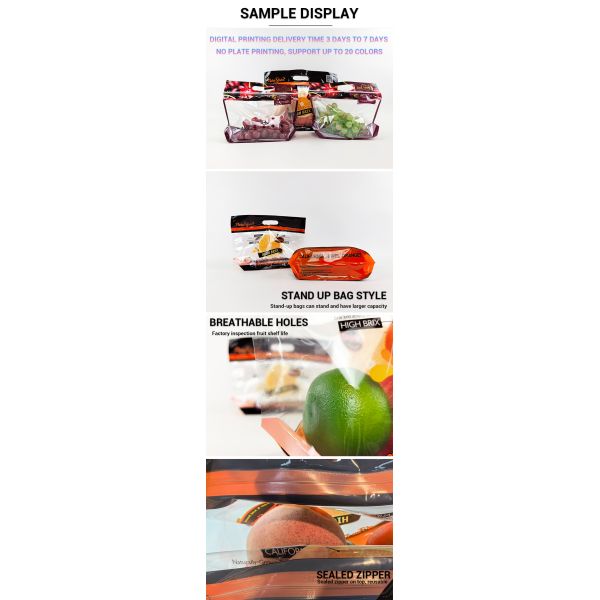 Custom Anti Fog Zipper Bag  Keep Fresh Plastic Packaging for Fresh Fruits Orange Apple Grape Cherry Vegetable Bags With Handle