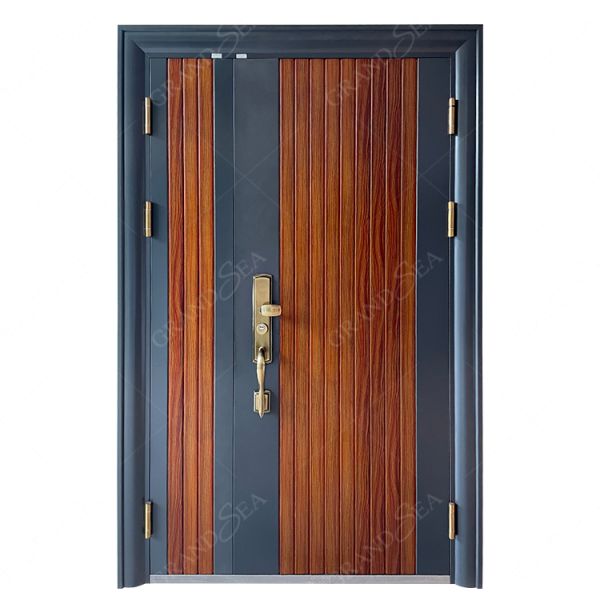 2022 New Design Latest Modern Style Grey Wooden Texture High Grade Burglar Proof Strong Security Steel Front Entry Door