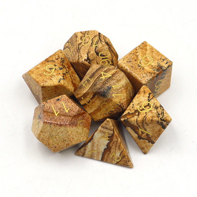 Natural Picture Jasper Gemstone Polyhedral Dice Set - Hand Carved DND Dice with Golden Ink Engraved Numbers