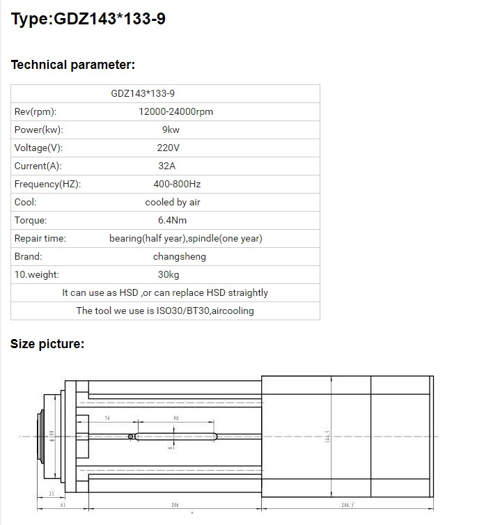 9kw Air Cooled Cnc Spindle Motor Automatic Tool Changer 380v 800HZ GDZ143x133-9l