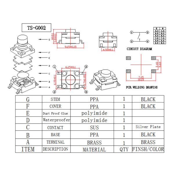 Vertical Press Waterproof Tactile Switch Stainless Steel Terminal Material
