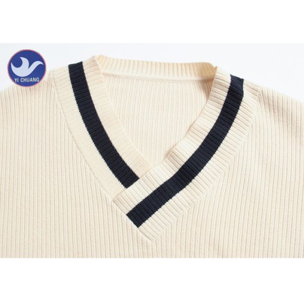 Stripes V Neck Ribs Knitting Women'S Pullover Sweater / Casual Clothes For Girls