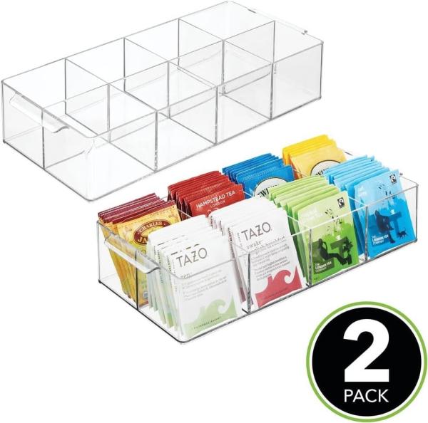 Plastic Condiment Organizer and Tea Bag Holder - 8-Compartment Kitchen Pantry/Countertop Storage Caddy - Divided Chip