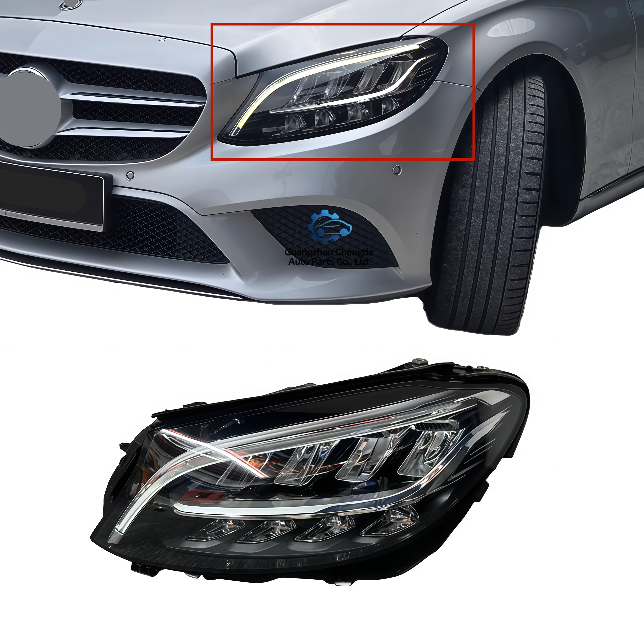 For Mercedes-Benz W205 Full LED Headlamp 2059065404 2059065504 Car LED Headlight with Blue Flashing Light 12V Voltage Headlight