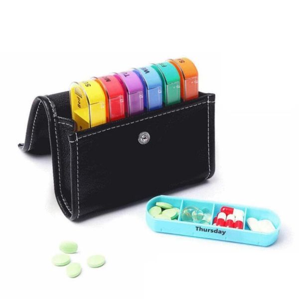 Hot selling 7 day 28 case colored pill box organizer in PU leather bag Weekly Large Travel Pill Organizer 4 Time a Day