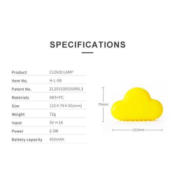 Controle de voz de indução do corpo humano Nuvem Luz noturna LED com carregamento USB e tamanho pequeno
