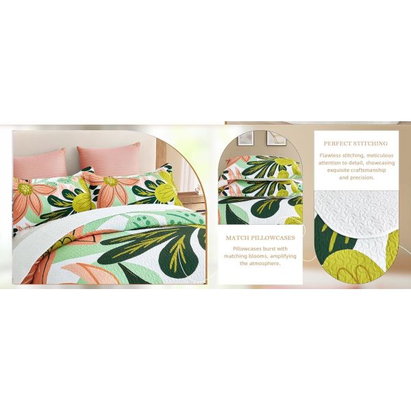 Boho Floral Quilt Sets,Mid Century Botanical Leaves Microfiber Bedding Quilts Set