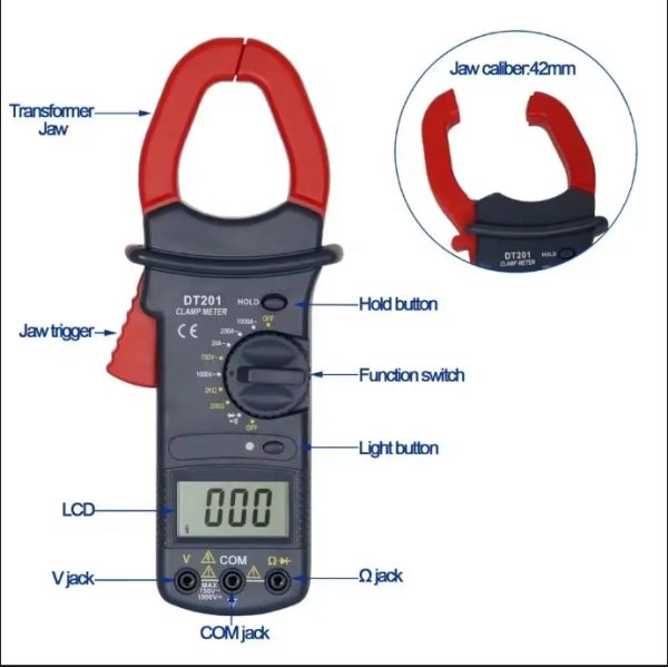 2-1000V Measuring Voltage Range DT201 Digital Clamp Meter With Data Hold Super Big