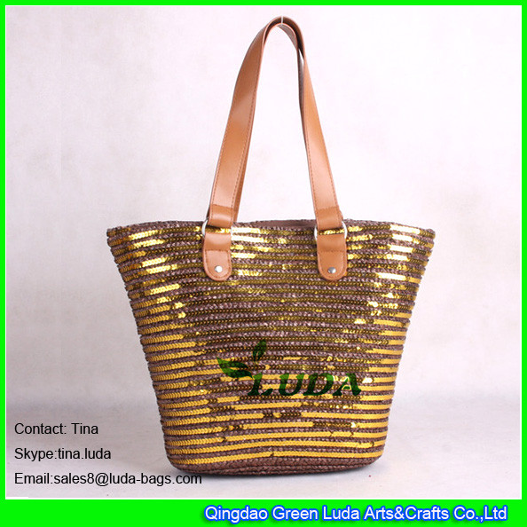 LUDA golden sequins deco straw beach bag ladies straw handbag