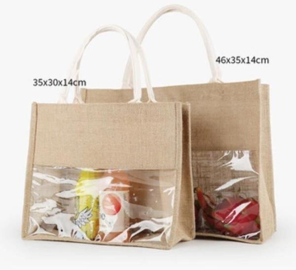 Beach Tote Shoulder Bag With Interior Pocket, Jute Bags Natural Burlap Joint PVC Wine Grocery Packaging Carrier Jute Bag