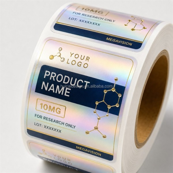 Private Label Peptide Adhesive Stickers Silver Hologram Vinyl White BOPP Low MOQ Quick Turnaround Pharma Sample Vials