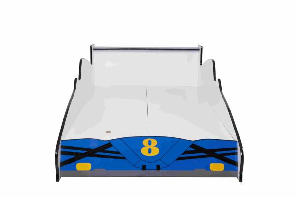 Blue Durable Wooden Race Car Toddler Bed With Colorful Character Graphics