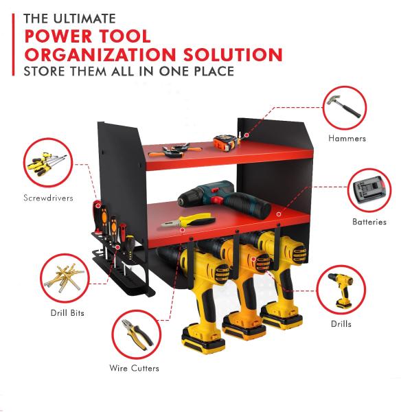 Power Tools Organizer Metal Storage Shelf Rack for Cordless Drills with Magnetic Tool Holder
