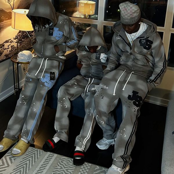 Custom logo Sweat Suit Unisex Applique Embroidery Acid Wash Hiphop Sweatsuit Zipper up Boxy Hoodie and Stripe Sweatpants Set