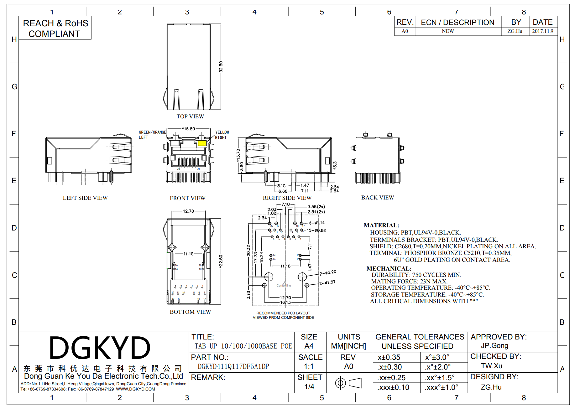 DGKYD RJ45 Connector 6U Gold Plated Gigabit Single Port with Transformer