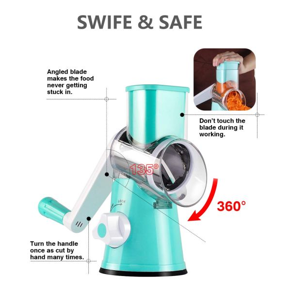 3 Drum Blades Stocked Rotary Cheese Grater for Manual Vegetable Slicer and Walnuts Grinder