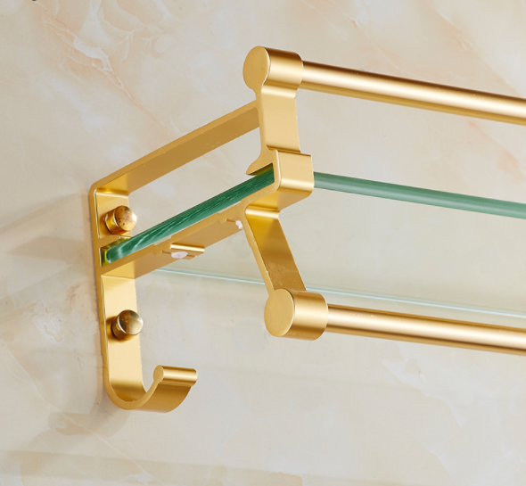 Gold Brass Single Layer Bathroom Glass Shelf with Towel Bar Shower Rectangular Rack Wall Mounted Cosmetic Holder