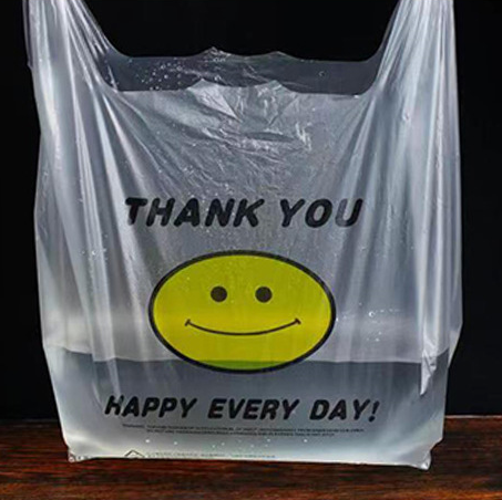 Wholesale Direct T-Shirt Vest Carrier Bag Clear PE LDPE Shopping Bag Customized Smiling Face Plastic Bag
