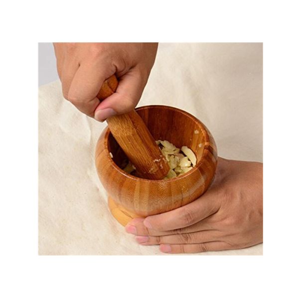 Set of 2 Natural Bamboo Household Garlic Pepper Spice Pounder Mortar and Pestle