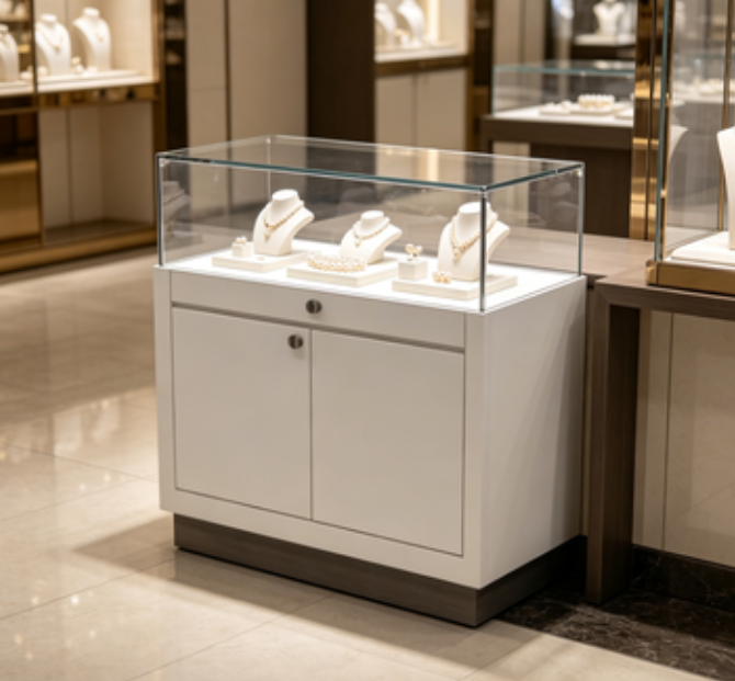Minimalist White Jewelry Display Case with Storage Cabinet Glass Display Case Commercial Jewelry, Gold, and Jade Display Counter