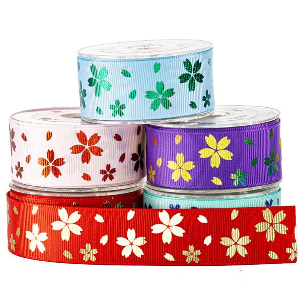 Foil Red Gold Flower On Pink Printed Grosgrain Ribbon For Holiday Decoration
