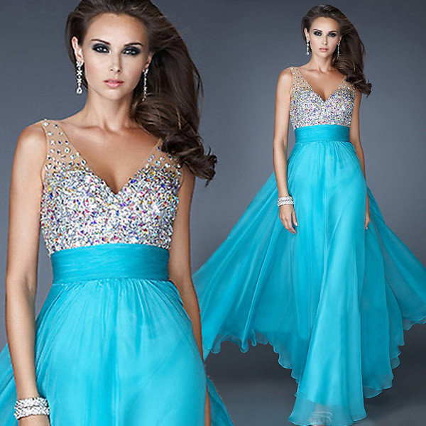 A-Line Beading Dress Long Evening Dress, Ice Blue Party Dresses, Champagne Dresses