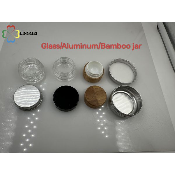 Multi-Material Jar Series: 5g Premium Concentrate Glass jar  with plastic Caps or aluminum cap&Pressure-Sensitive Liner,  Bamboo jar,  Aluminum jar