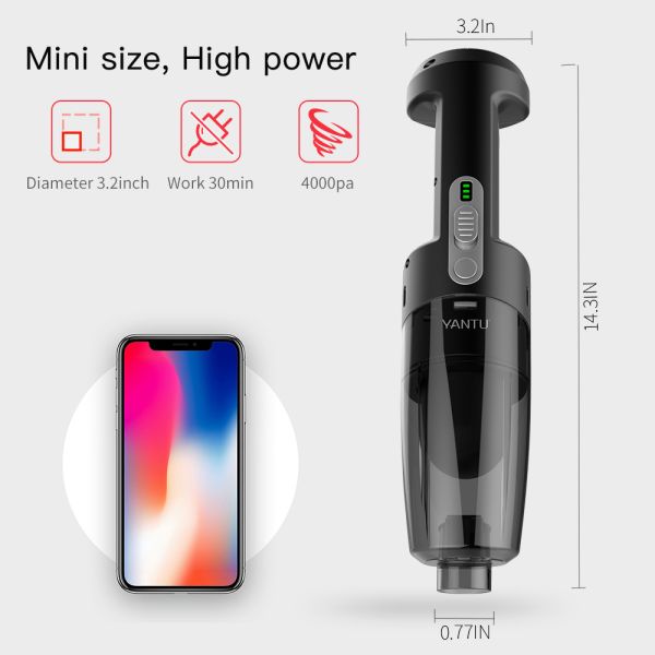 4000PA Suction Power YANTU V01 Portable Handheld Black Car Vacuum Cleaner for Car 12V