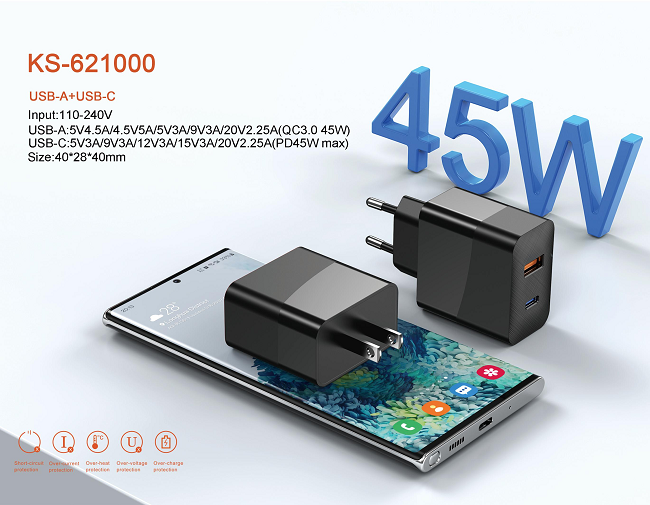 Multiple Protocols 45W Plastic PC GaN Charger With A C Port