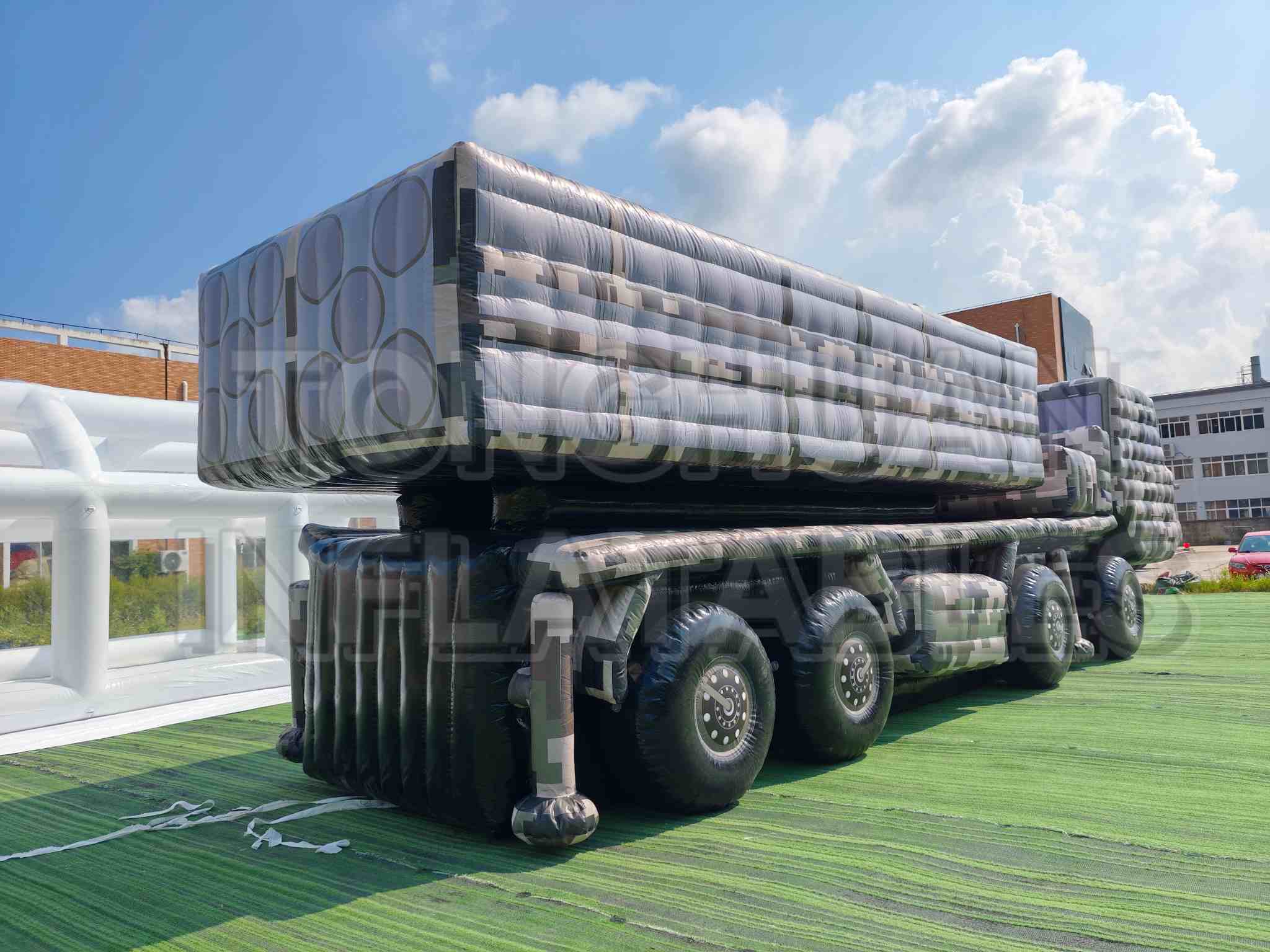 Custom Inflatable Launcher Vehicle Replica with Horizontal Canister Modules and Camouflage Truck Body for Training Display Exhibition and Outdoor Simulation Projects