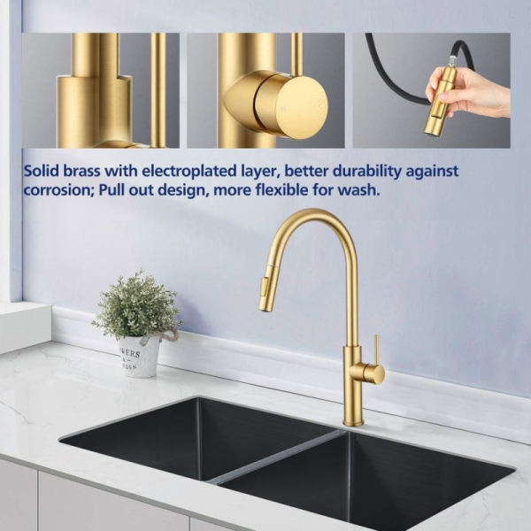 Modern Brass Kitchen Tap with Pull Out Sprayer and 360 Degree Swivel in Brushed Gold