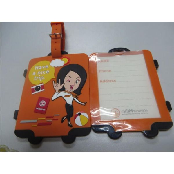 Lovely 3D Suitcase Shape Silicone Rubber PVC Airplane Luggage Tag Embossed Man Woman Logo With Name Card Back