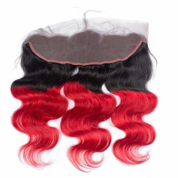 Pre-Colored Brazilian Human Hair Bundles With 13*4 Closure Human Hair Bundles With baby hair Closure 1B/Red