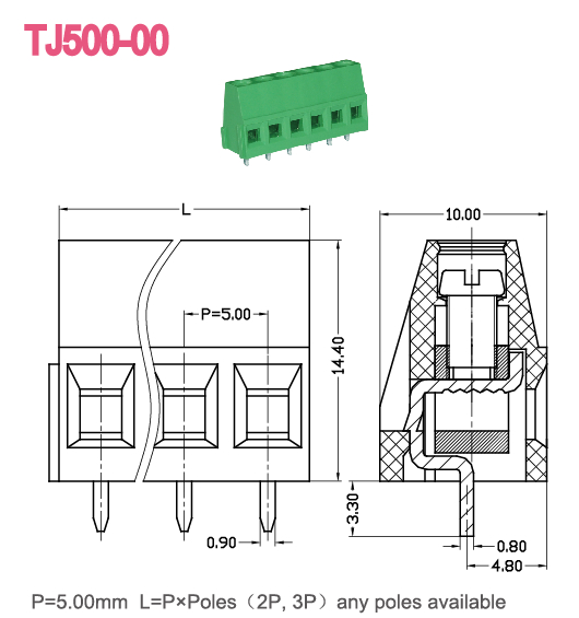 PCB Mount Terminal Block Pitch 5.0mm 300v 10a Brass Clamp Cage Connection