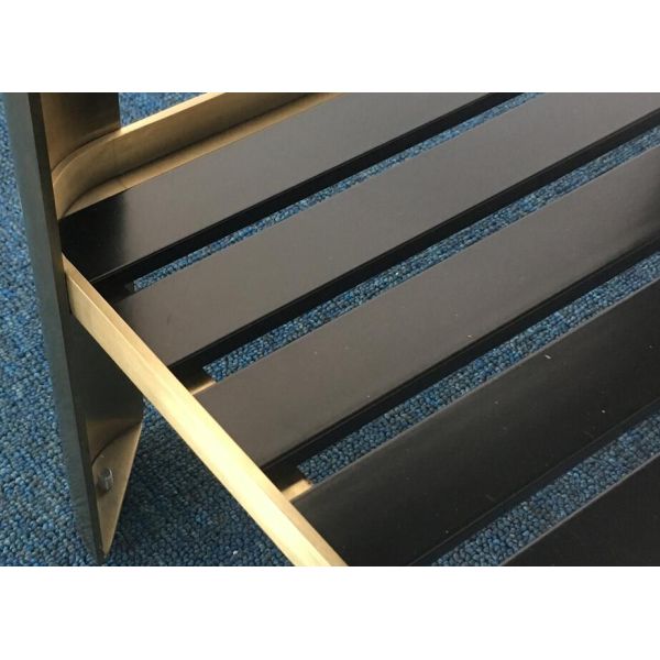 Single Sink walnut wood veneer with brass metal base and black metal slats shelf hotel bathroom vanity