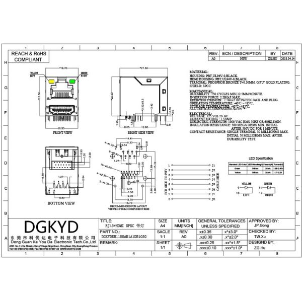 Соединитель 8P8C соединителя usb сетевого порта DGKYDRH1188AB1A1DB1080 RJ45 одиночный гаван с гнездом сетевого порта СИД