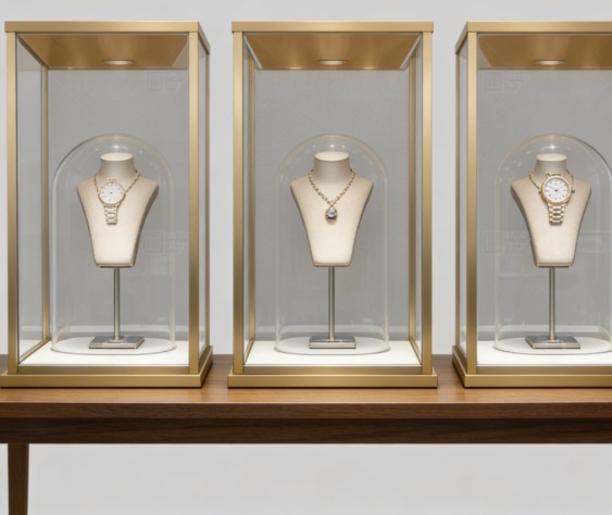 Luxury Gold Frame Dome Glass Jewelry Display Case with LED Spotlight Customizabl