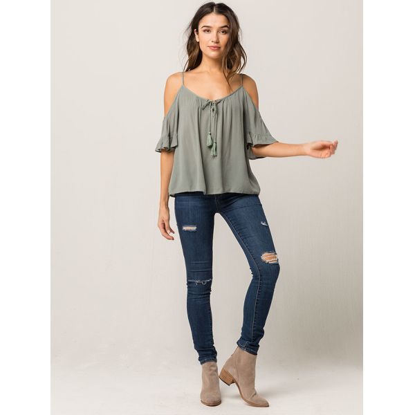 Women Cold Shoulder V Neck Rayon Blouse