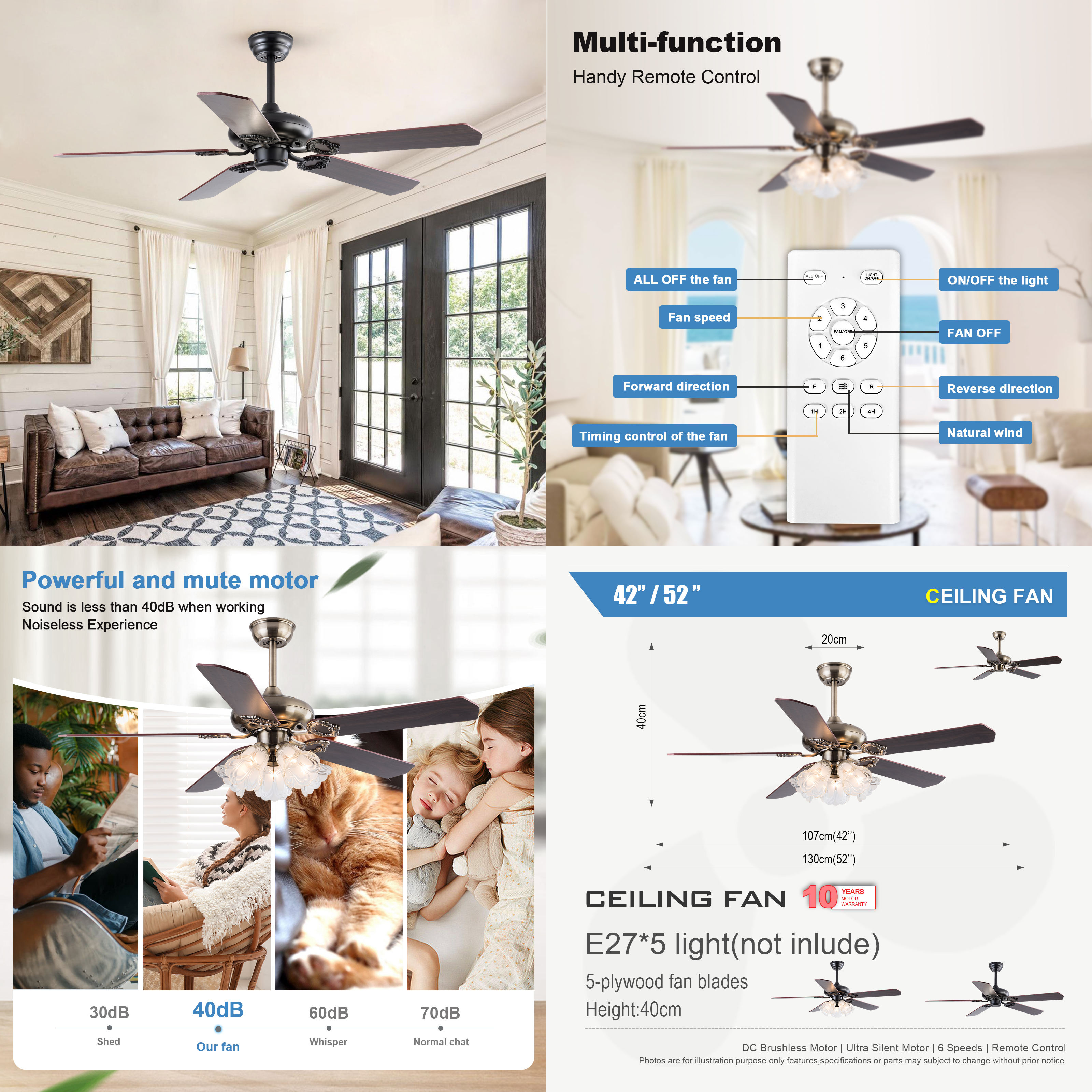 Factory Decorative Lighting Ceiling Fan 5 Blades Restaurant 220V Ceiling Fan Light
