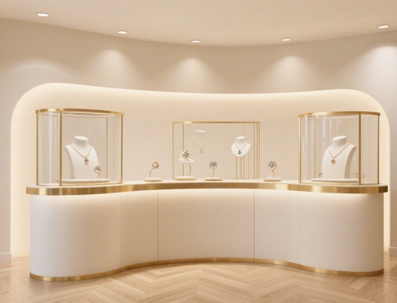 Luxury Curved Wall-Mounted Jewelry Display Counter | Cream Body Gold Trim |