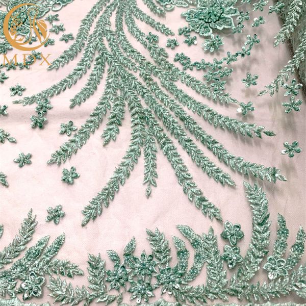 ODM Elegant Green Beaded Dress Bridal Lace Fabric 140Cm Width