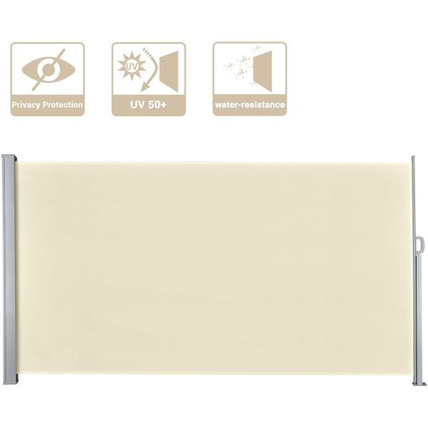 Side Awning, Extendible 160x300cm, Beige, Privacy Screen, Made Of Polyester