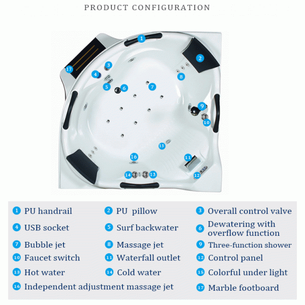 2 синее стекло ванны 1560mm SPA водоворота гидролечения человека на открытом воздухе